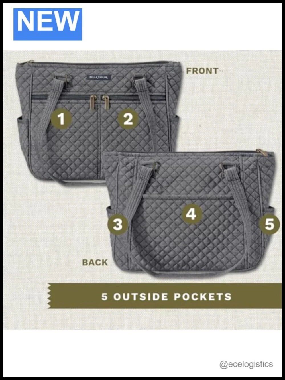 Quilted Cotton Tote Bag with 10 Pockets, Lightweight Shoulder Purse